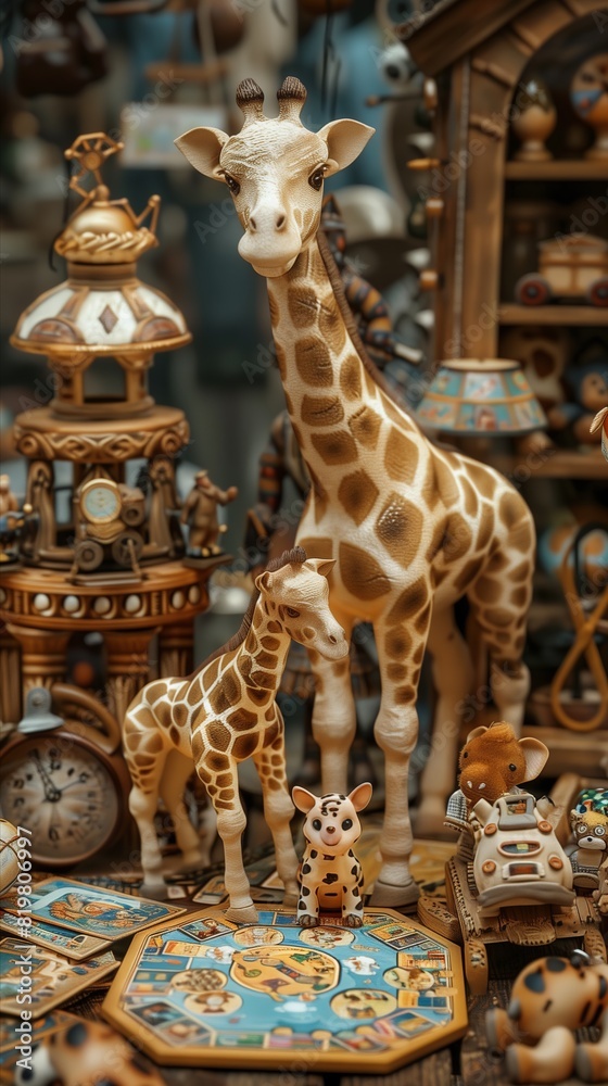 Fototapeta premium Vintage Giraffe Figurines in Antique Shop Display