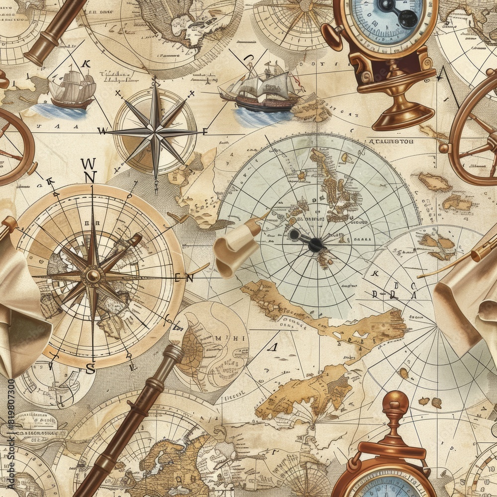 Seamless Pattern of Vintage Maps and Navigational Instruments - Historical Global Navigation and Modern Logistics Design for Print, Card, Poster
