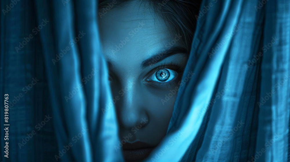 Afraid Someone peeking through curtains at night, startled by a noise Afraid Someone peeking through curtains at night, startled by a noise