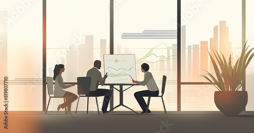 Vector Illustration depicting a meeting with company directors to discuss financial figures and results  supported by graphs and balance sheet curves