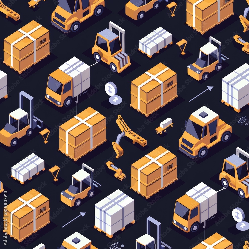 Seamless Pattern Backgrounds Featuring Stylized Logistics Icons with Pallets, Boxes, and Forklifts for Promotional Materials Seamless Pattern Backgrounds Featuring Stylized Logistics Icons with Pallets, Boxes, and Forklifts for Promotional Materials