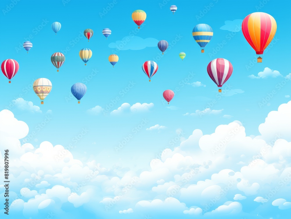 Colorful hot air balloons floating in a bright blue sky. Colorful hot air balloons floating in a bright blue sky.