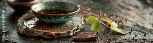Artistic culinary photo shoot, focusing on the texture and rich color of Korean beef sashimi, contrasted with a rustic, hand-thrown clay dish and a dipping sauce