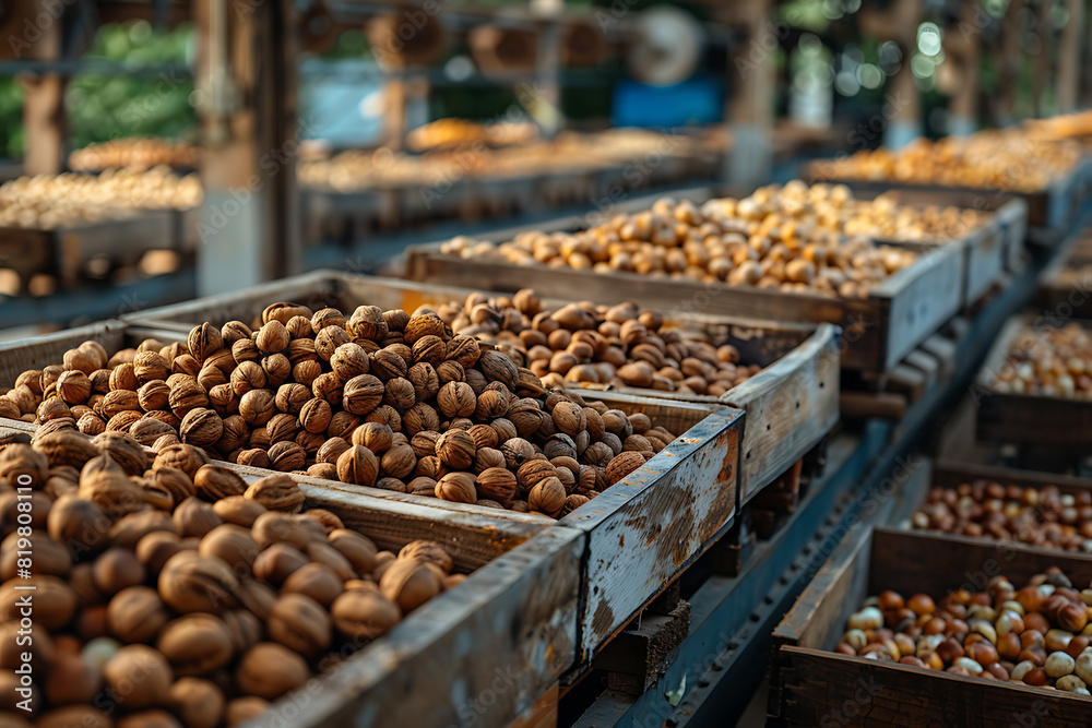 The harvested nuts are meticulously packed in wooden boxes on the sorting line, prepared for distribution at a busy farm during the height of the harvest season