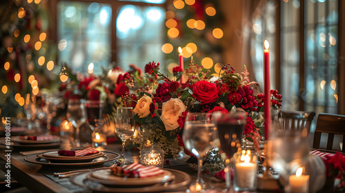 An elegant formal dining room featuring a beautifully arranged floral centerpiece  set for a special occasion with exquisite tableware and decor