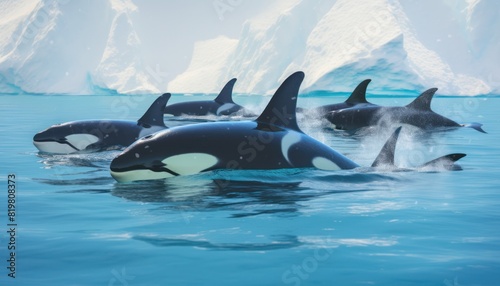Groups of Orcas or killer whales swim and hunt for prey, the top of the food chain in a sea of ​​ice floes © Virgo Studio Maple