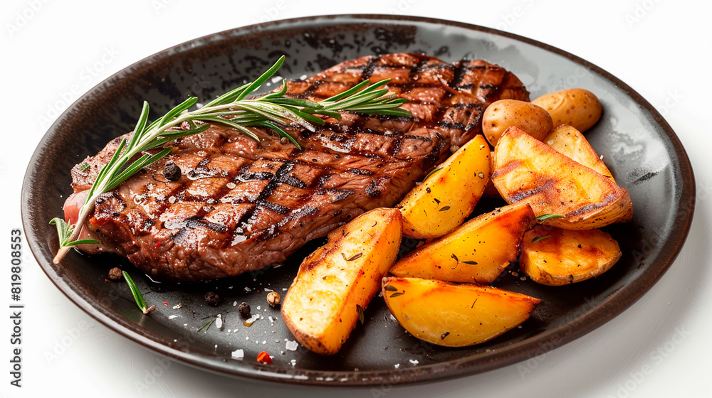 Grilled steak with rosemary and roasted potatoes on a black plate, highlighting a gourmet meal Grilled steak with rosemary and roasted potatoes on a black plate, highlighting a gourmet meal