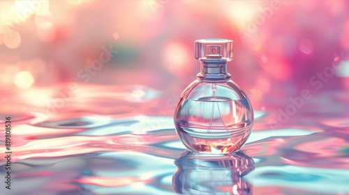 Elegant Perfume Bottle on Reflective Surface with Colorful Bokeh Background