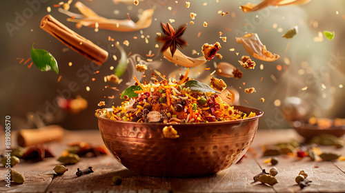 Indian biryani with vibrant ingredients, spices, and herbs flying around in a dynamic motion, showcasing a burst of flavors photo