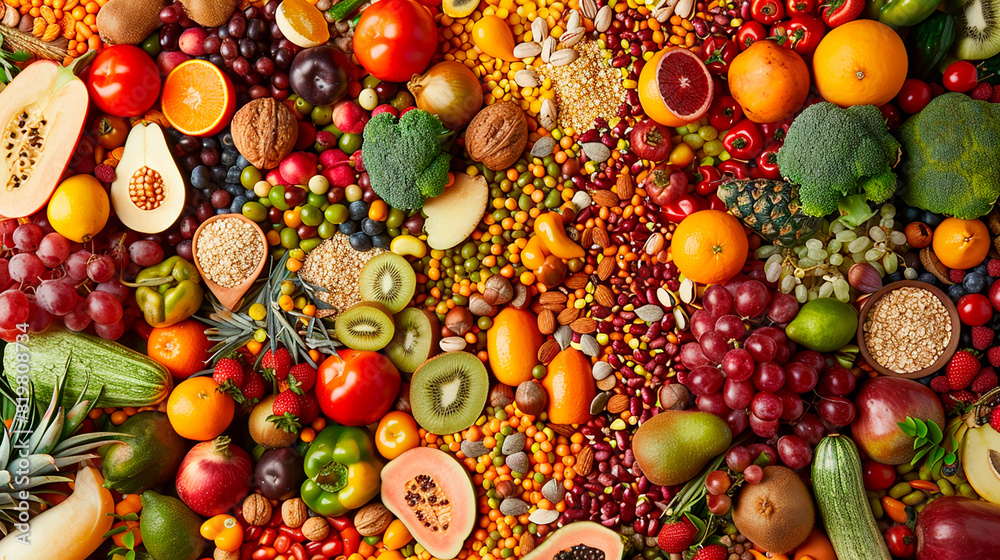 Assorted fresh fruits, vegetables, nuts, and grains creating a colorful and nutritious spread Assorted fresh fruits, vegetables, nuts, and grains creating a colorful and nutritious spread