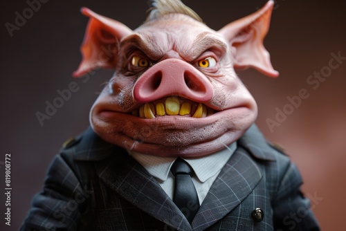Evil, grinning fat pig like a human politician with yellow teeth wearing a business suit. Concept of corruption, manipulation, sarcasm.