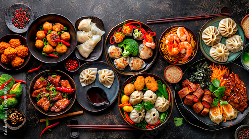 Asian dumpling assortment with dipping sauces, vegetables, and spices on a dark textured background