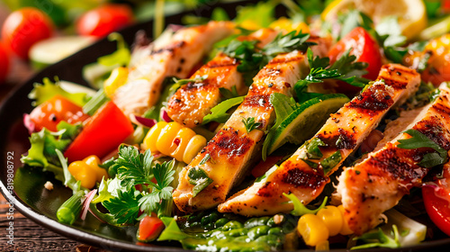 Grilled chicken salad with corn, tomatoes, and greens, served in a bowl, highlighting fresh and healthy ingredients