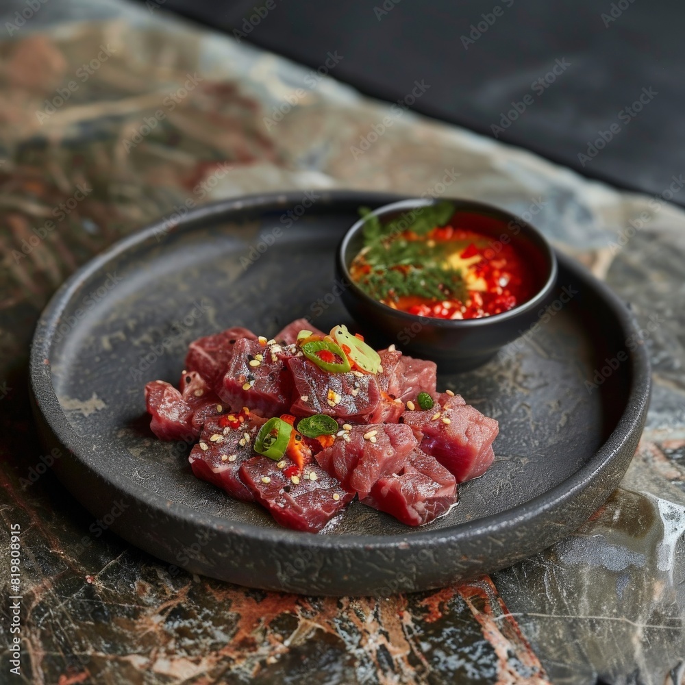 Elegant food presentation of Korean beef sashimi Elegant food presentation of Korean beef sashimi