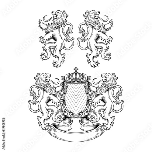 Handdrawn Vector Illustration of Black and White Lion Crest Coat of Arms