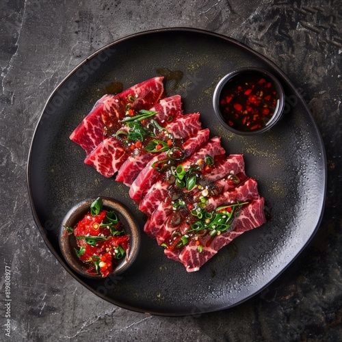Elegant food presentation of Korean beef sashimi