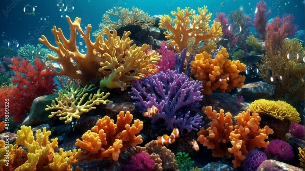Underwater View With Coral Reefs And Exotic Fish And Bubbles