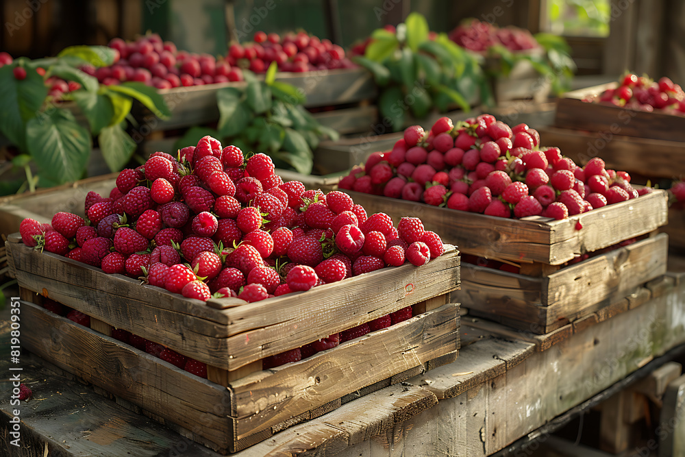 The harvested raspberries are neatly packed in wooden boxes on the sorting line, ready for distribution at a busy farm during the peak of the harvest season The harvested raspberries are neatly packed in wooden boxes on the sorting line, ready for distribution at a busy farm during the peak of the harvest season