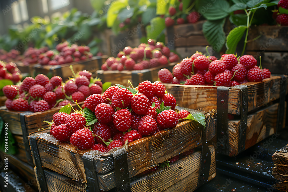The harvested raspberries are neatly packed in wooden boxes on the sorting line, ready for distribution at a busy farm during the peak of the harvest season The harvested raspberries are neatly packed in wooden boxes on the sorting line, ready for distribution at a busy farm during the peak of the harvest season