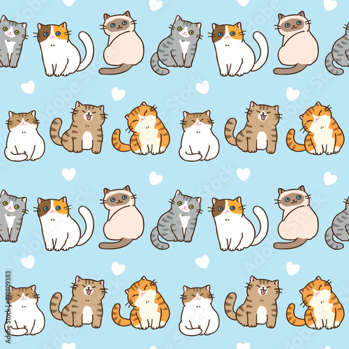 Seamless Pattern of Cute Cartoon Cat Design on Light Blue Background