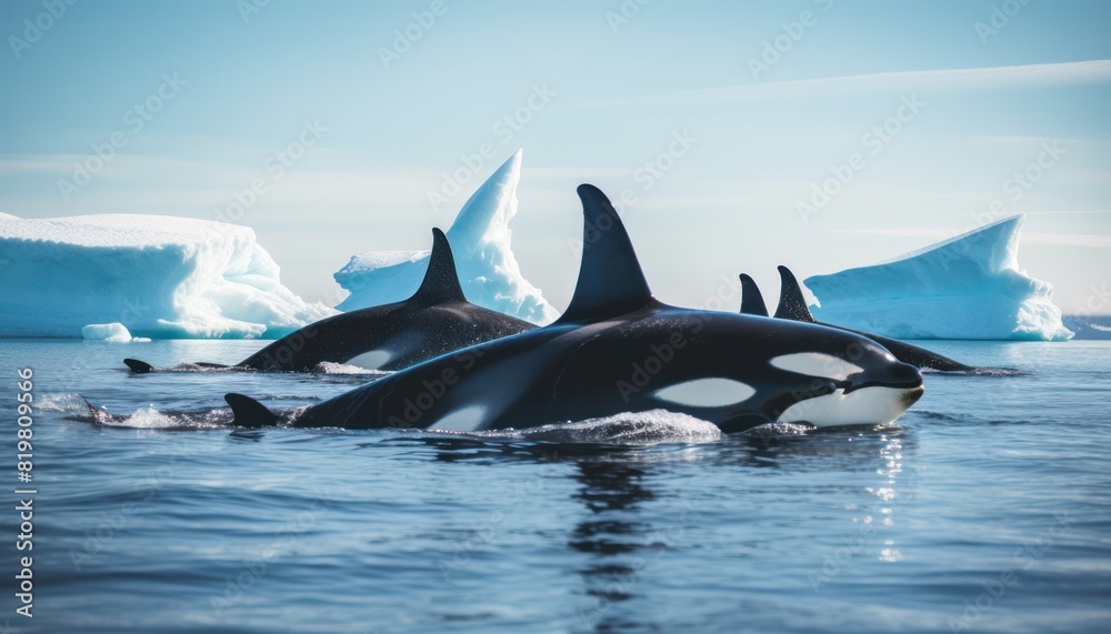 Fototapeta premium Groups of Orcas or killer whales swim and hunt for prey, the top of the food chain in a sea of ​​ice floes