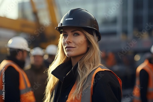 Confident female construction worker wearing hardhat at building site