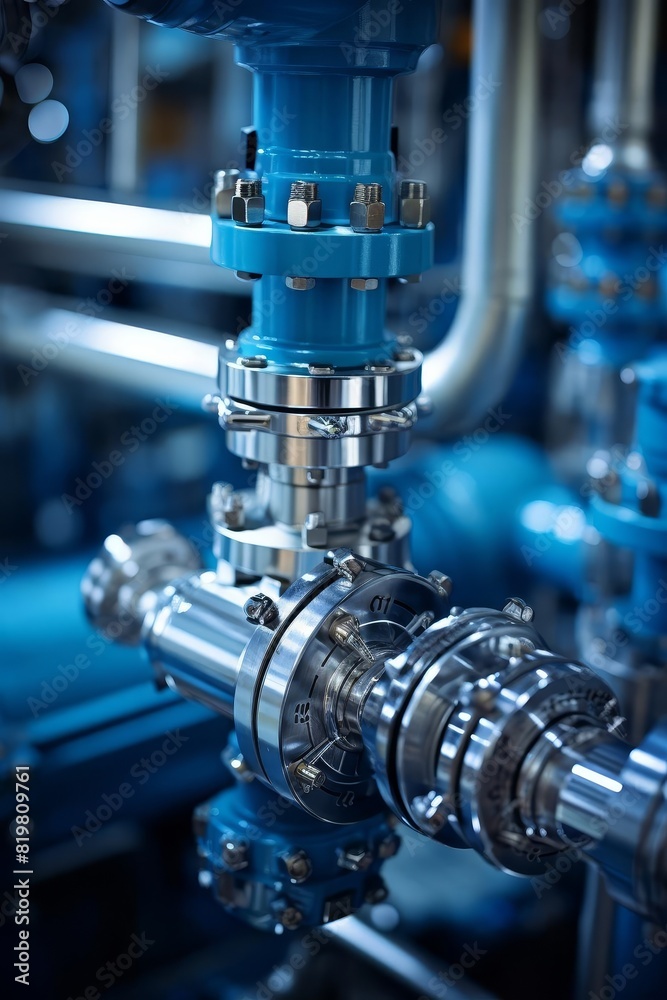 Industrial machinery with blue pipes and valves.