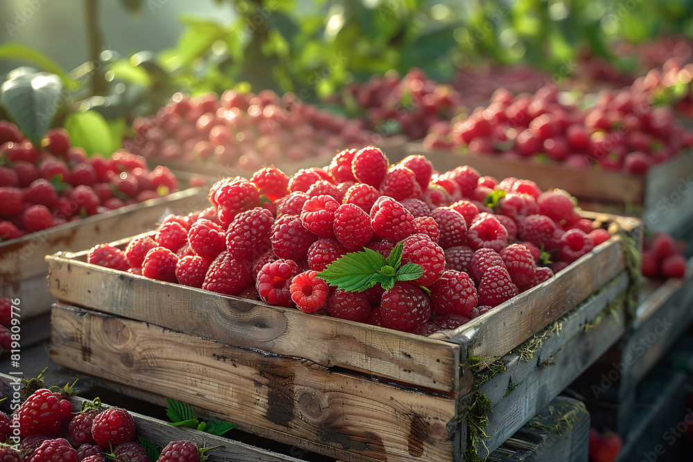 The harvested raspberries are neatly packed in wooden boxes on the sorting line, ready for distribution at a busy farm during the peak of the harvest season The harvested raspberries are neatly packed in wooden boxes on the sorting line, ready for distribution at a busy farm during the peak of the harvest season