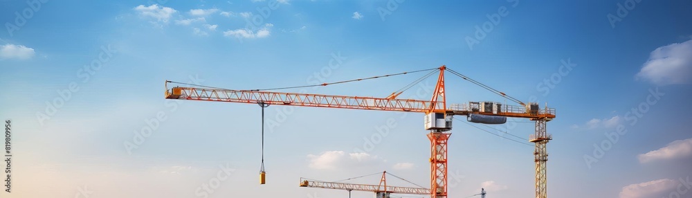 A large yellow tower crane is working on a construction site against a blue sky with white clouds. A large yellow tower crane is working on a construction site against a blue sky with white clouds.