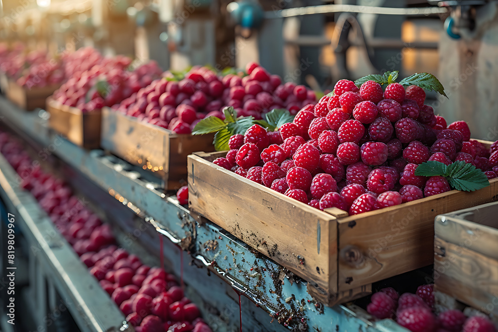 The harvested raspberries are neatly packed in wooden boxes on the sorting line, ready for distribution at a busy farm during the peak of the harvest season The harvested raspberries are neatly packed in wooden boxes on the sorting line, ready for distribution at a busy farm during the peak of the harvest season