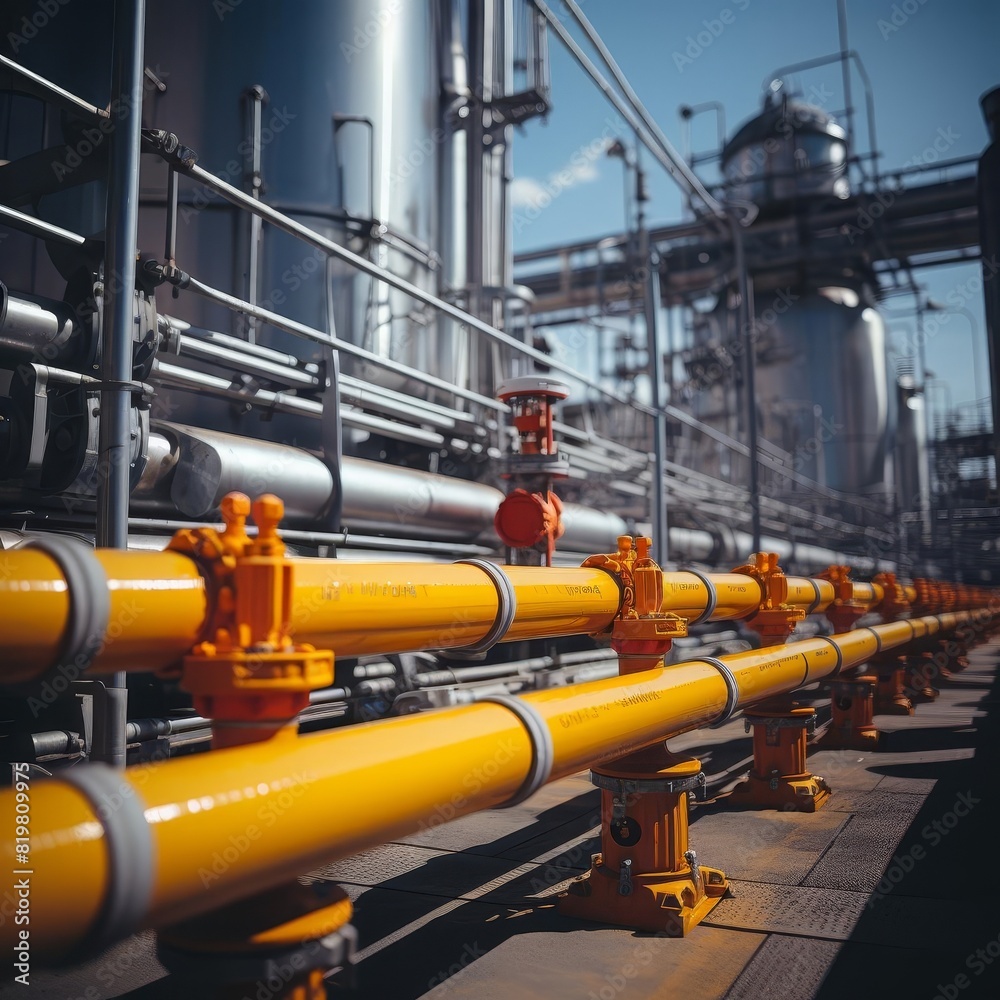 The image shows a section of a natural gas processing plant with pipes and valves. The image shows a section of a natural gas processing plant with pipes and valves.