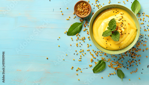 Sauce bowl with delicious mustard and seeds on light blue wooden table, flat lay