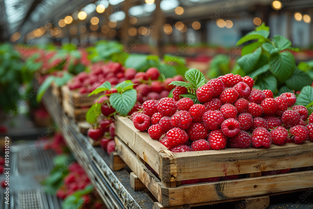 The harvested raspberries are neatly packed in wooden boxes on the sorting line, ready for distribution at a busy farm during the peak of the harvest season The harvested raspberries are neatly packed in wooden boxes on the sorting line, ready for distribution at a busy farm during the peak of the harvest season