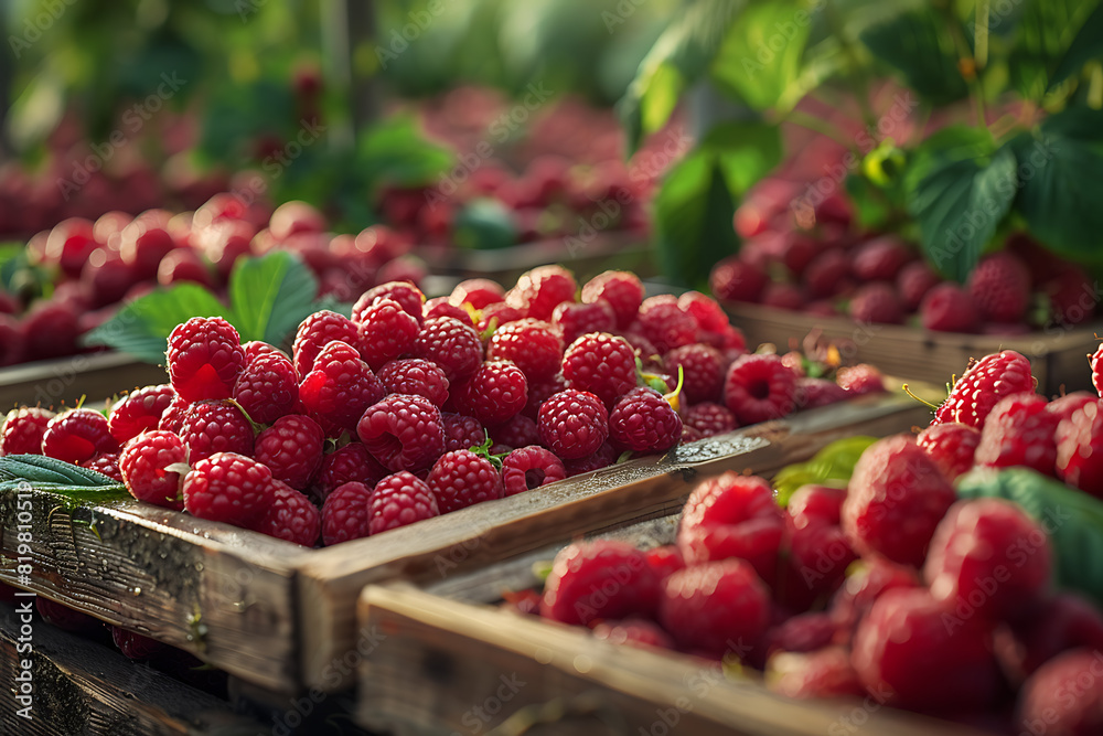 The harvested raspberries are neatly packed in wooden boxes on the sorting line, ready for distribution at a busy farm during the peak of the harvest season The harvested raspberries are neatly packed in wooden boxes on the sorting line, ready for distribution at a busy farm during the peak of the harvest season