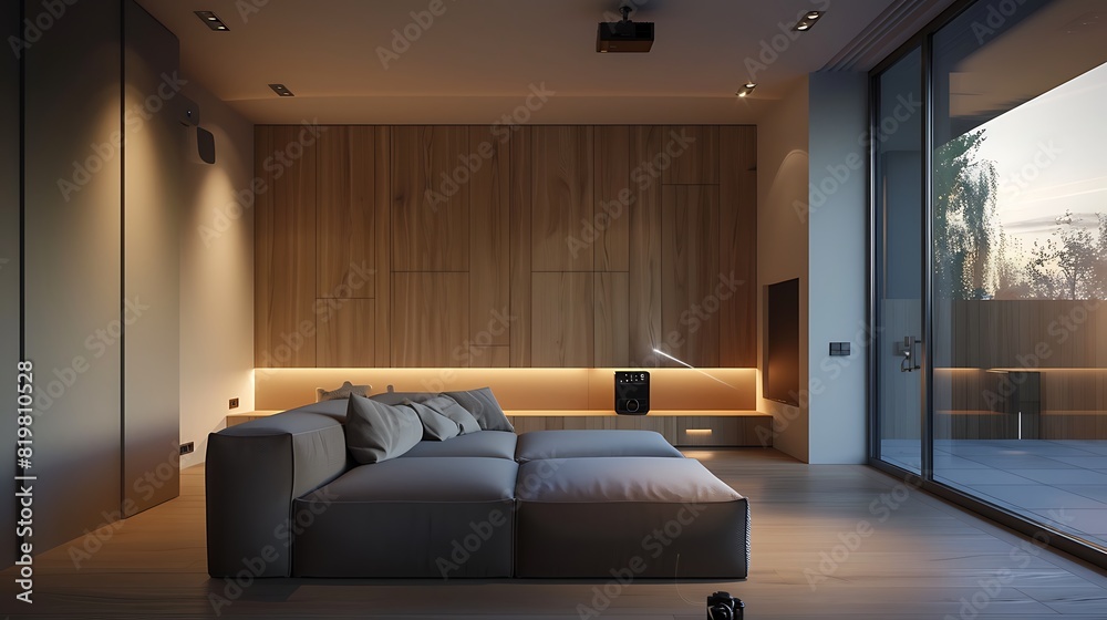 Fototapeta premium minimalist living room with a custom-built media unit that blends seamlessly into the walls