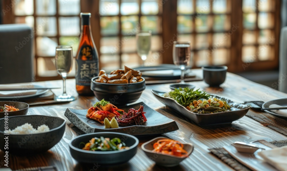 izakaya food on table, private room, fancy modern izakaya restaurant in Seoul, luxury with wide background izakaya food on table, private room, fancy modern izakaya restaurant in Seoul, luxury with wide background