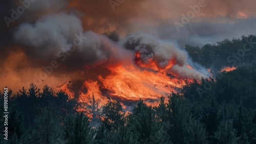 a forest fire  the intensity the flames engulfing the trees thick smoke rising into the sky