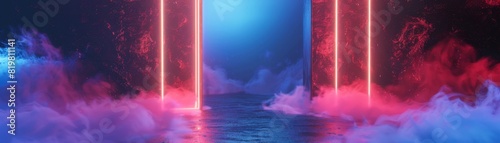 Interdimensional portal in a mystical chamber, framed by pulsating neon lights in red and blue, dense fog underfoot, creating a surreal gateway, high-resolution 3D illustration photo