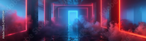 Interdimensional portal in a mystical chamber, framed by pulsating neon lights in red and blue, dense fog underfoot, creating a surreal gateway, high-resolution 3D illustration