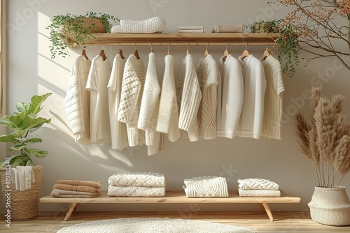 Clothes on grunge background, shelf on cream background Collection of clothes hanging on a rack in neutral beige colors 3d rendering, store and bedroom concept