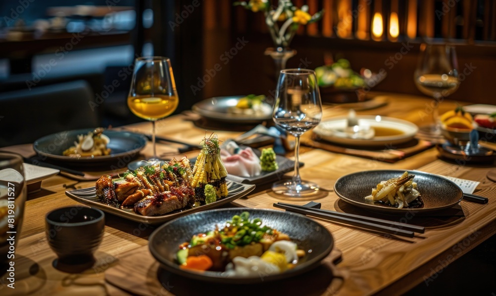 izakaya food on table, private room, fancy modern izakaya restaurant in Seoul, luxury with wide background izakaya food on table, private room, fancy modern izakaya restaurant in Seoul, luxury with wide background