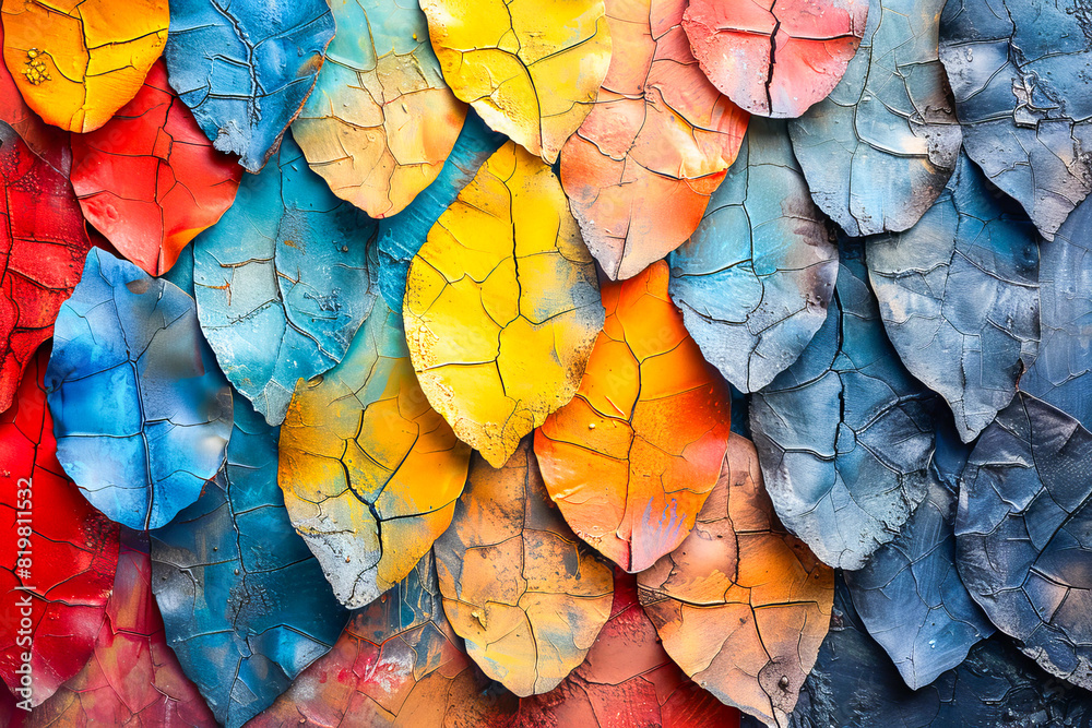 Vibrant abstract background with textured, multicolored leaf shapes in a closeup view