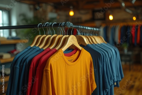 Clothes on hangers - new fashion collection at fashionable clothes store Clothing rental or secondhand store concept Clothes stall against blurred store background with copy space