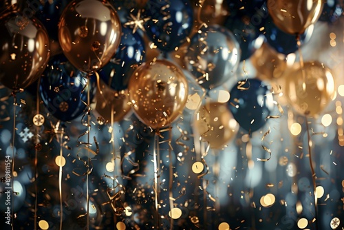 Luxurious New Year's Eve party scene, filled with gold and midnight blue balloons, shimmering golden confetti raining down, capturing a festive and elegant celebration photo