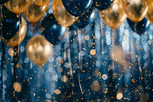 Luxurious New Year's Eve party scene, filled with gold and midnight blue balloons, shimmering golden confetti raining down, capturing a festive and elegant celebration photo