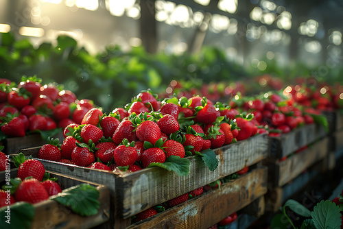 The harvested strawberries are neatly packed in wooden boxes on the sorting line, ready for distribution at a bustling farm during the peak of the harvest season