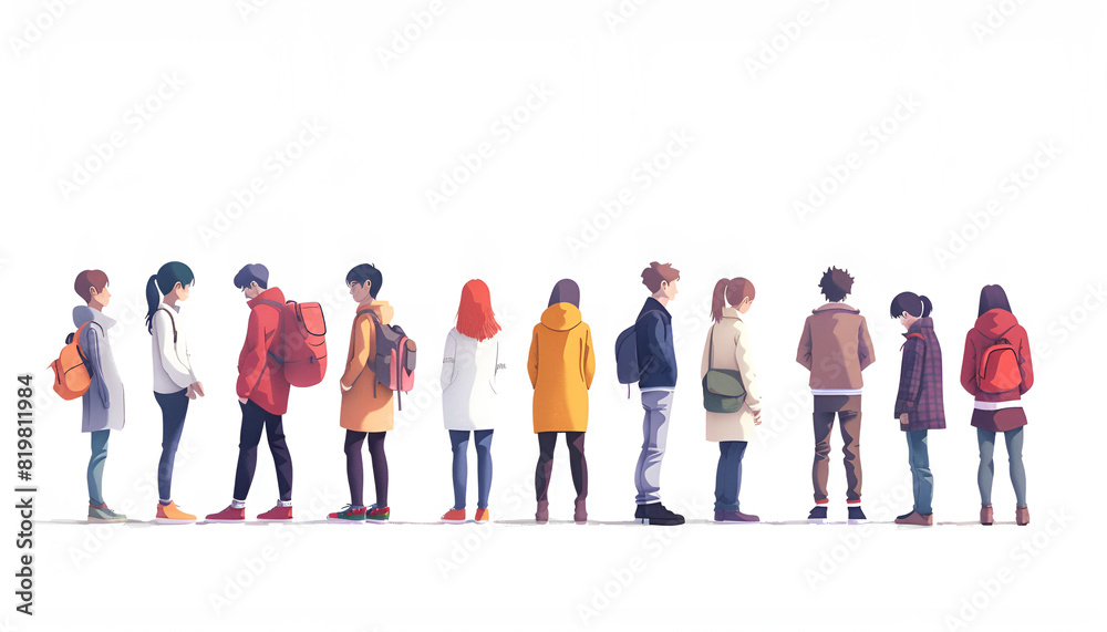 People waiting in queue on white background People waiting in queue on white background