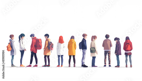 People waiting in queue on white background