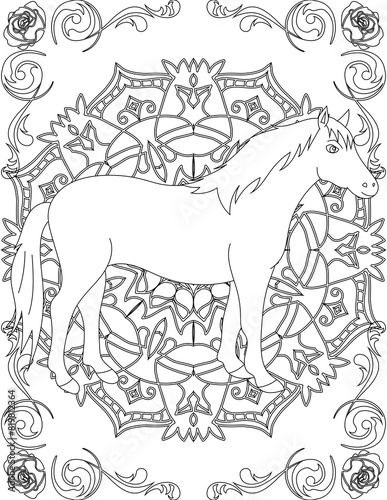 Horse on Mandala Coloring Page. Printable Coloring Worksheet for Adults and Kids. Educational Resources for School and Preschool. Mandala Coloring for Adults