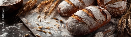 Rustic kitchen scene with handmade rye bread loaves cooling on a vintage marble slab, surrounded by loose flour and wheat stalks, capturing the essence of traditional baking